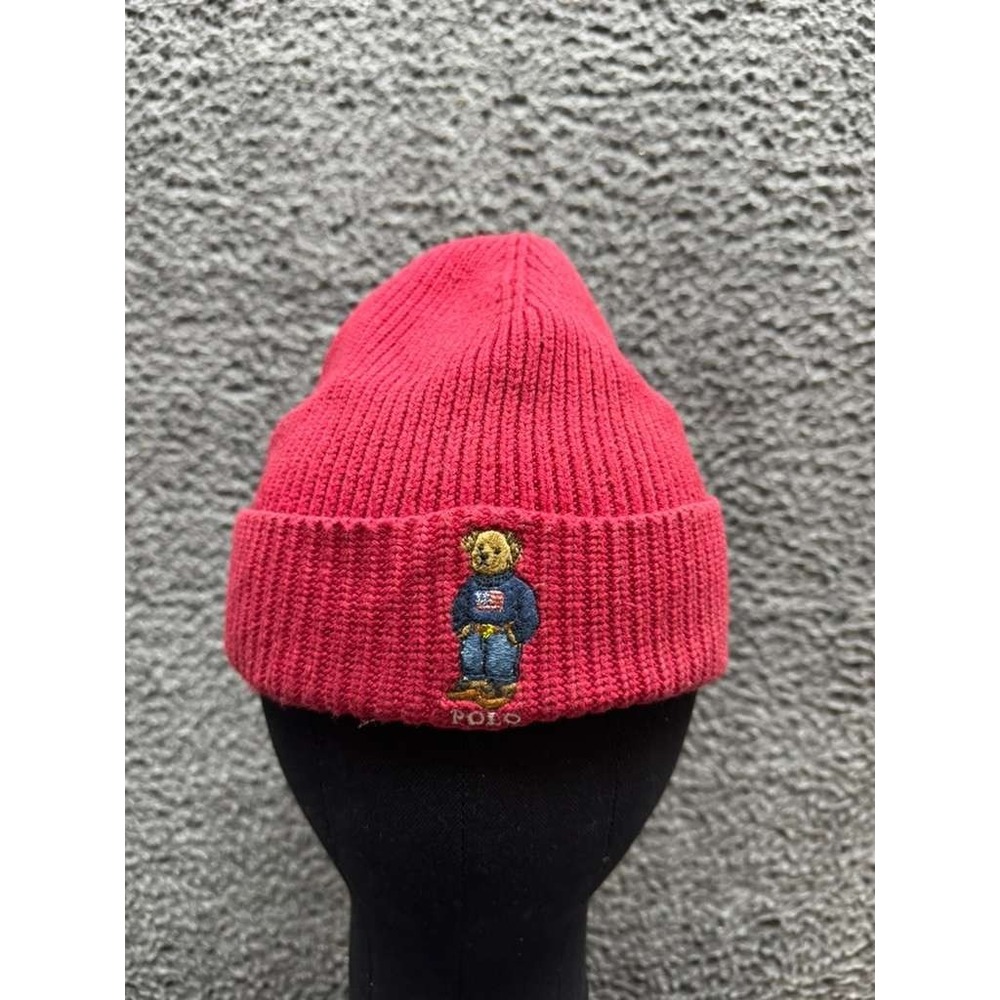 Polo Ralph Lauren Denim Bear Embroidered Ribbed Knit Beanie Red‎ Mens One Size